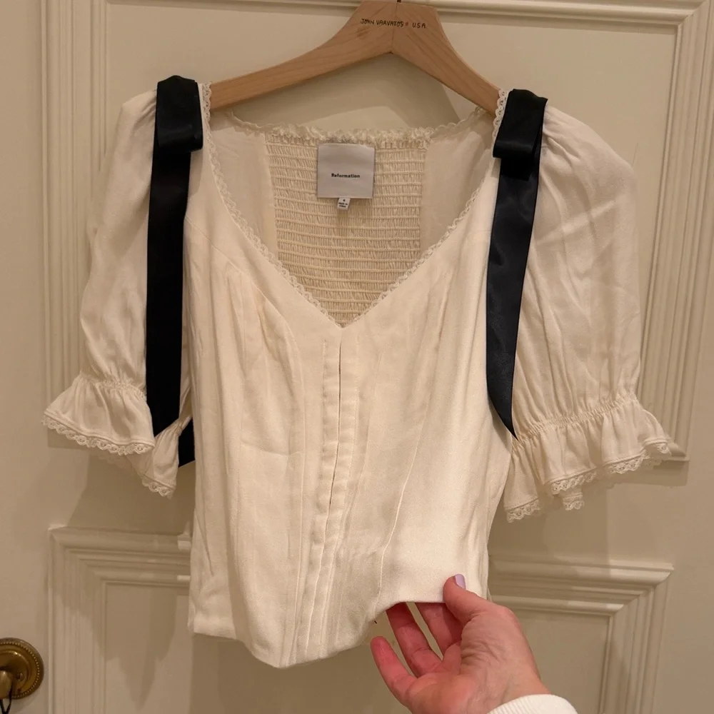 Reformation Ivory Blouse with Black Ribbon